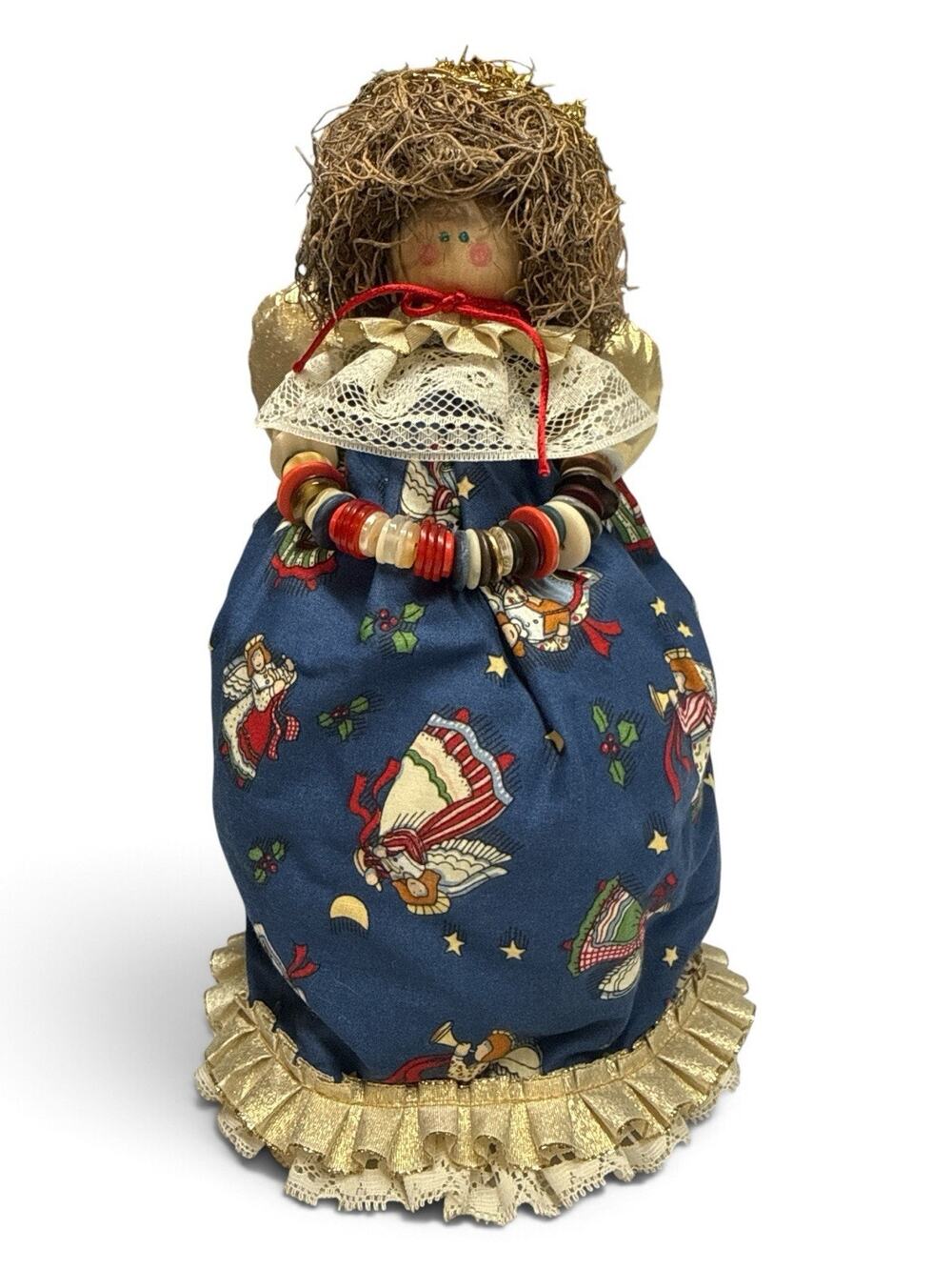 Vintage Handmade Angel Christmas Tree Topper CottageCore Wood Head Button Arms